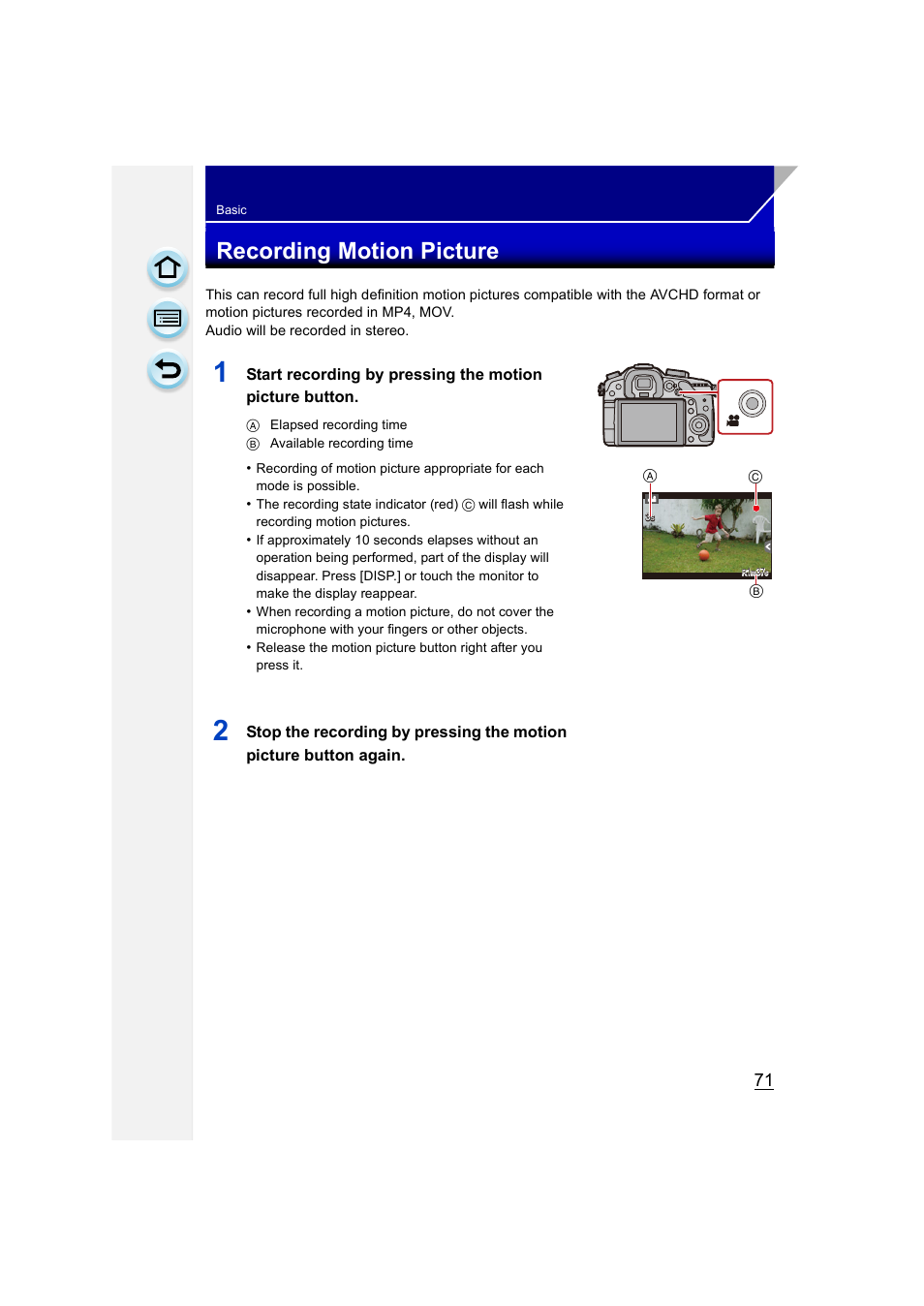 Recording motion picture | Panasonic DMC-GH3KBODY User Manual | Page 71 / 319
