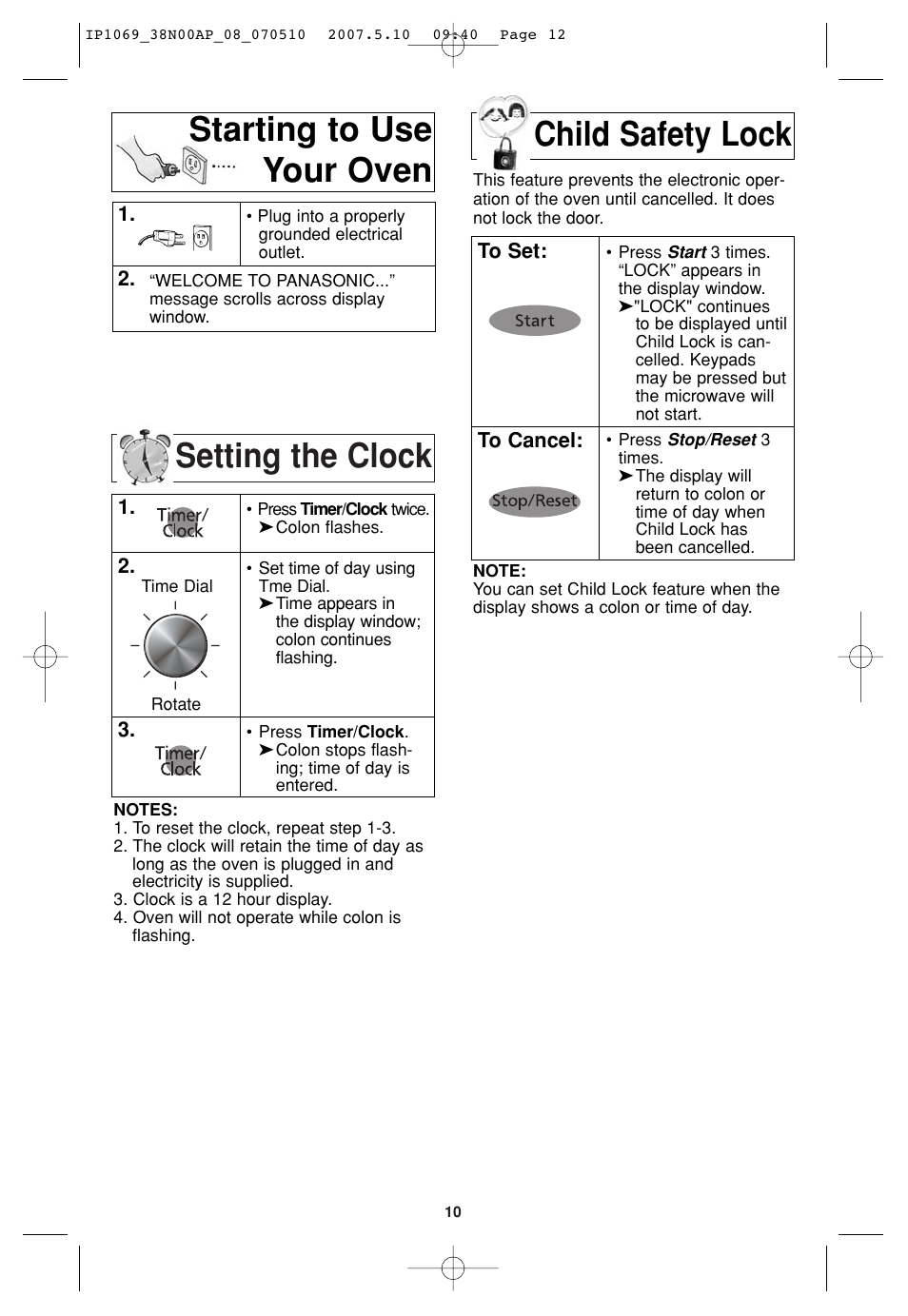 Starting to useyour oven, Setting the clock, Child safety lock | Starting to use your oven child safety lock | Panasonic NN-SD797S User Manual | Page 12 / 32