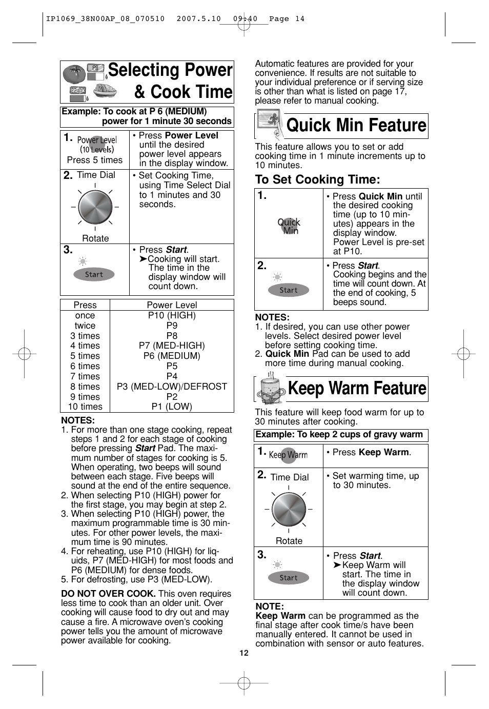 Selecting power& cook time, Quick min feature, Keep warm feature | Selecting power & cook time | Panasonic NN-SD797S User Manual | Page 14 / 32