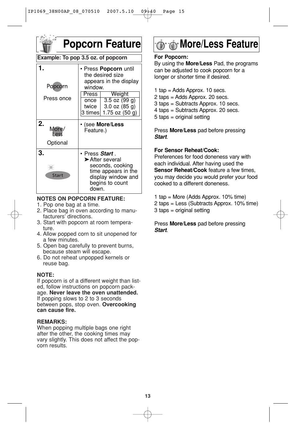 Popcorn feature, More/less feature, Popcorn feature more/less feature | Panasonic NN-SD797S User Manual | Page 15 / 32