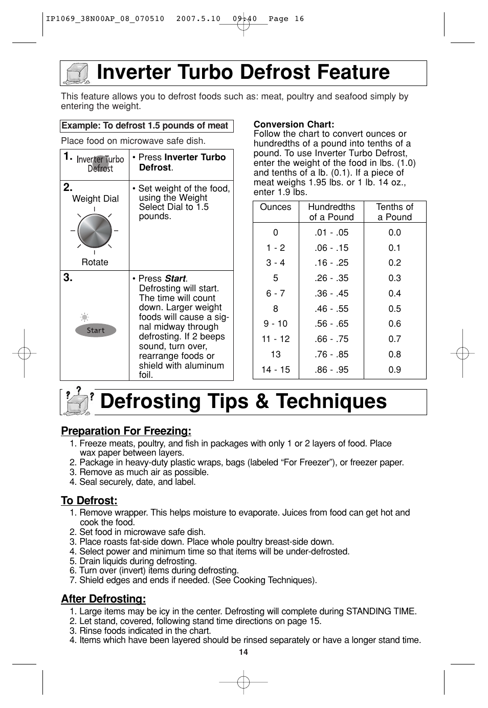 Inverter turbo defrost feature, Defrosting tips & techniques | Panasonic NN-SD797S User Manual | Page 16 / 32