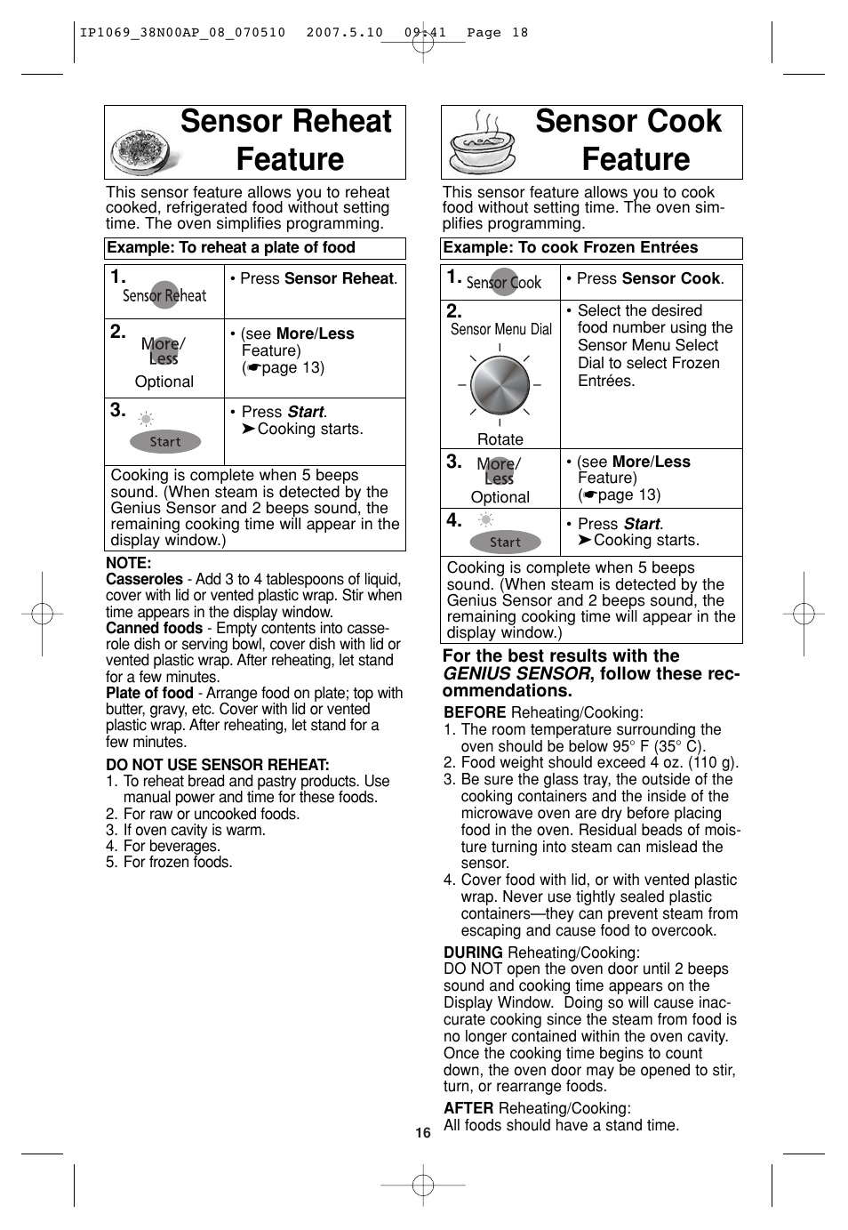 Sensor reheat feature, Sensor cookfeature, Sensor reheat feature sensor cook feature | Panasonic NN-SD797S User Manual | Page 18 / 32