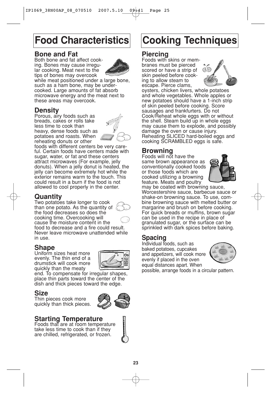 Food characteristics, Cooking techniques, Food characteristics cooking techniques | Panasonic NN-SD797S User Manual | Page 25 / 32