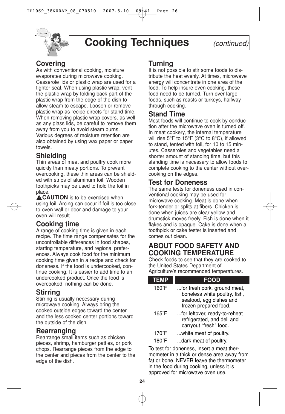 Cooking techniques, Continued) covering, Shielding | Cooking time, Stirring, Rearranging, Turning, Stand time, Test for doneness, About food safety and cooking temperature | Panasonic NN-SD797S User Manual | Page 26 / 32