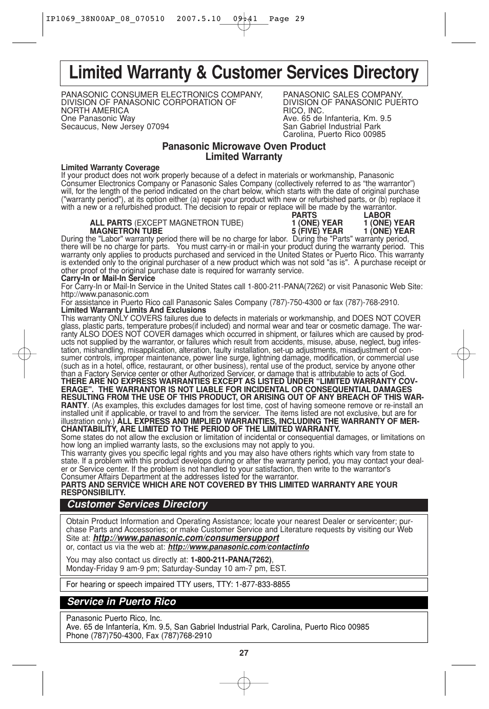 Limited warranty & customer service directory, Limited warranty & customer services directory | Panasonic NN-SD797S User Manual | Page 29 / 32