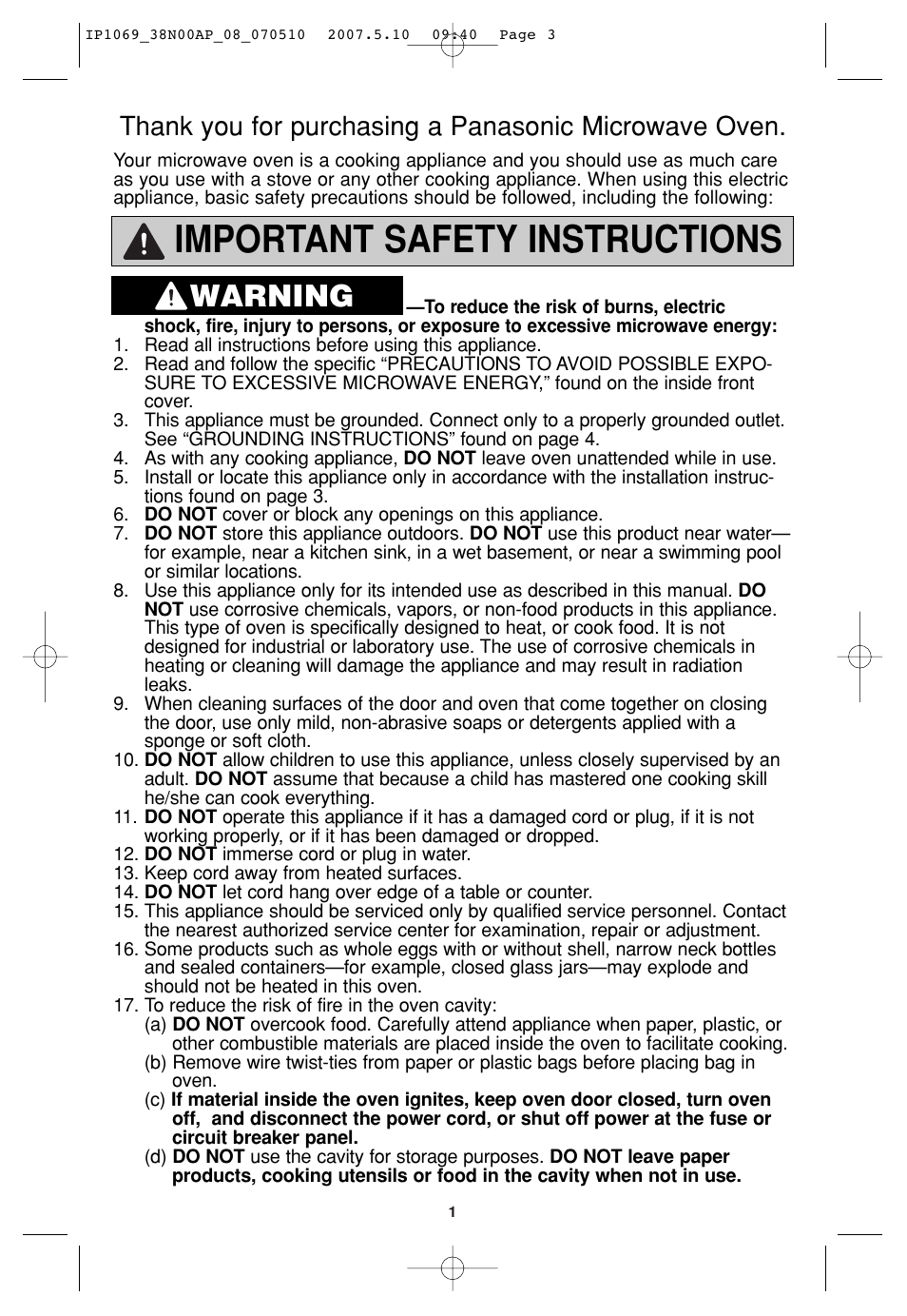 Important safety instructions, Warning | Panasonic NN-SD797S User Manual | Page 3 / 32