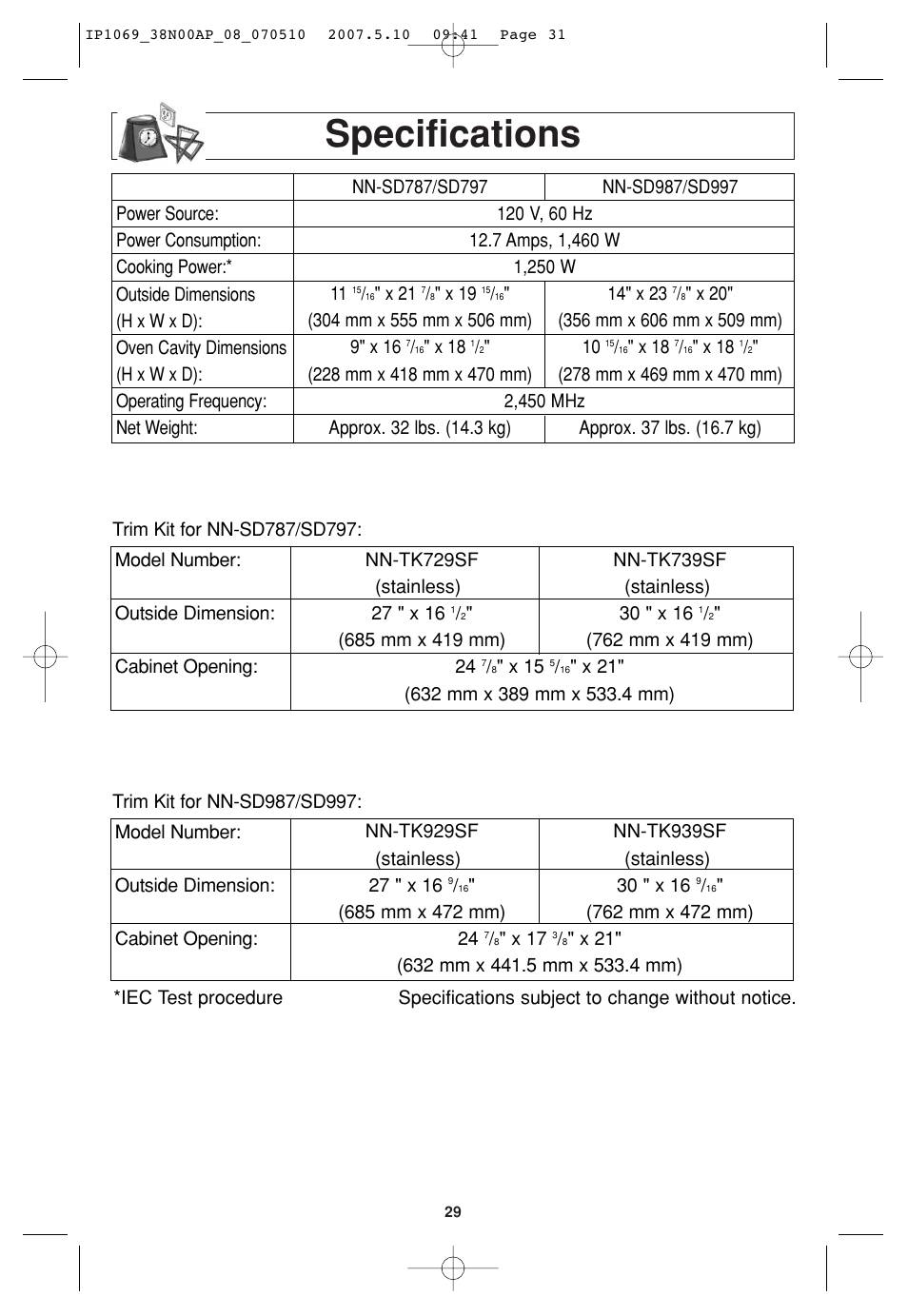 Specifications | Panasonic NN-SD797S User Manual | Page 31 / 32