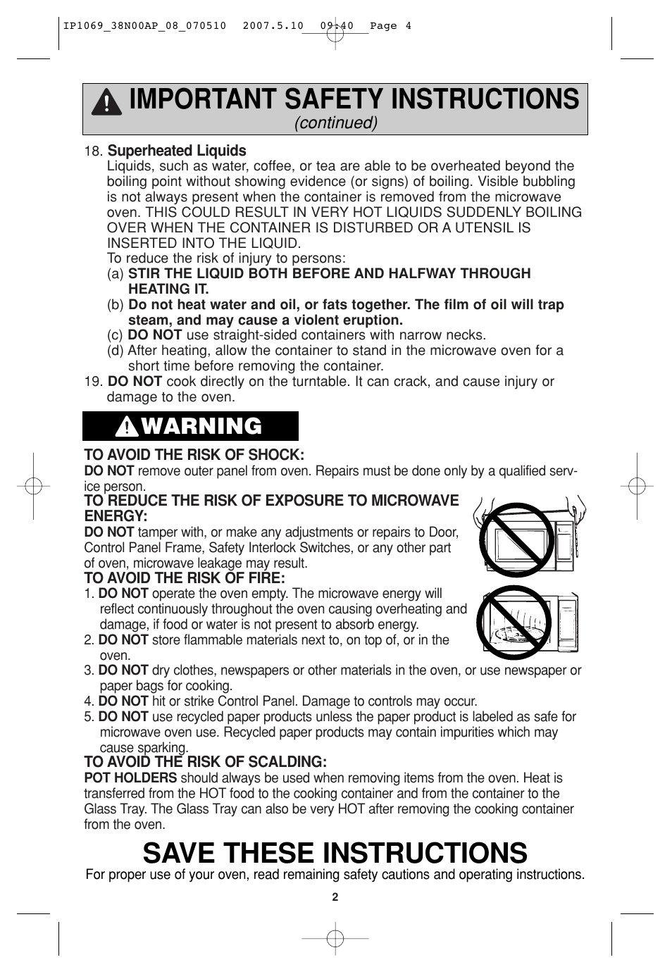 Important safety instructions, Save these instructions, Warning | Panasonic NN-SD797S User Manual | Page 4 / 32