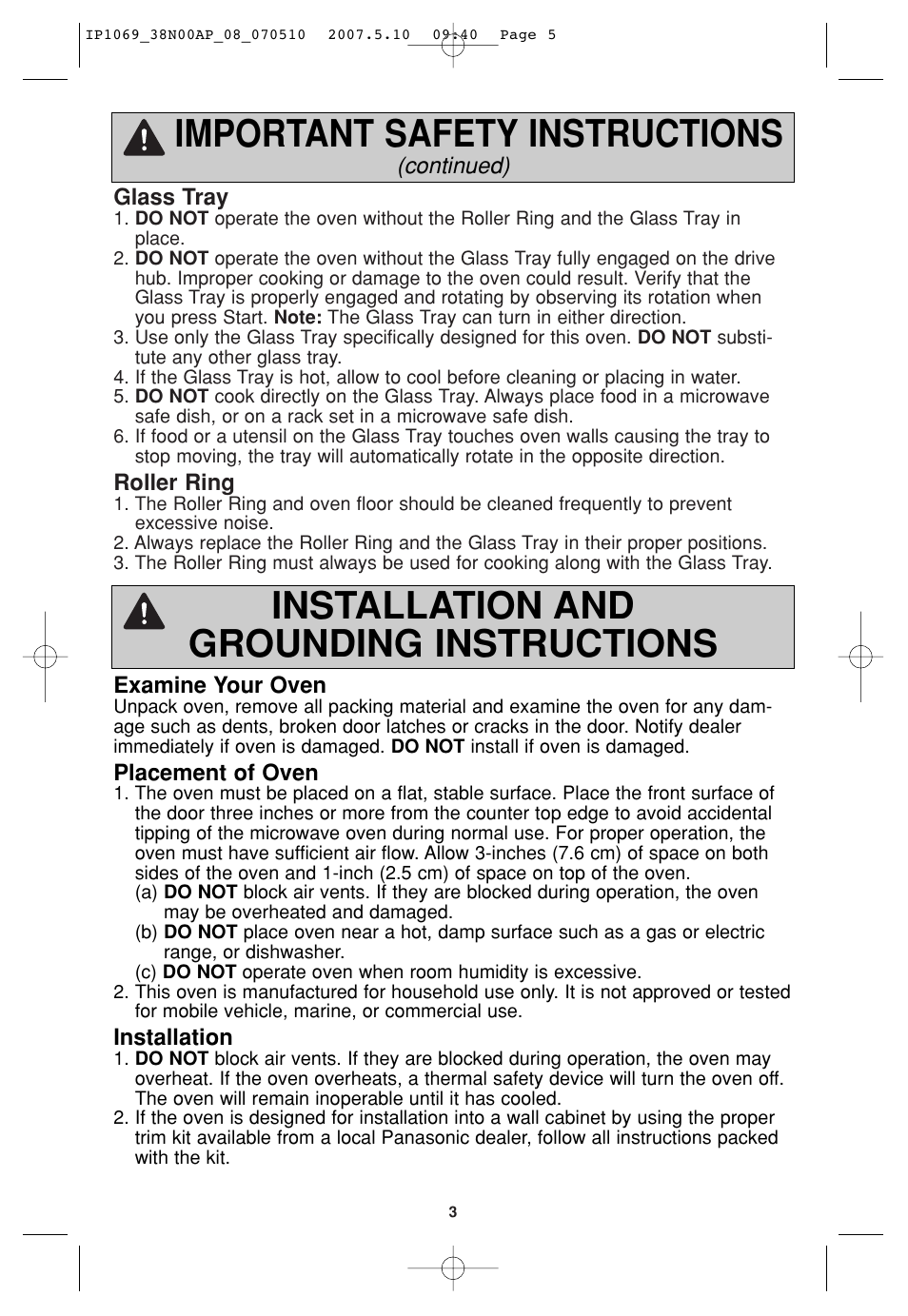 Important safety instructions, Installation and grounding instructions | Panasonic NN-SD797S User Manual | Page 5 / 32