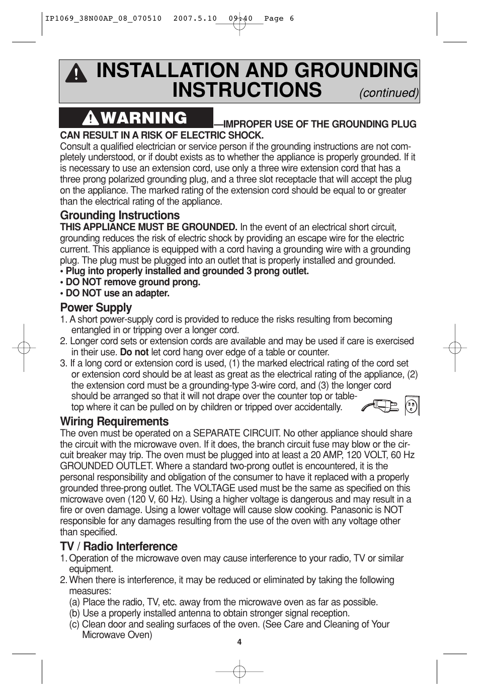 Installation and grounding instructions, Warning | Panasonic NN-SD797S User Manual | Page 6 / 32