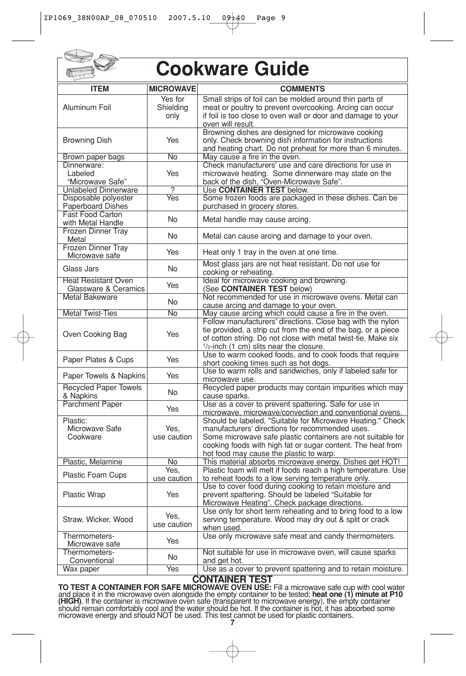 General information, Cookware guide, Container test | Panasonic NN-SD797S User Manual | Page 9 / 32