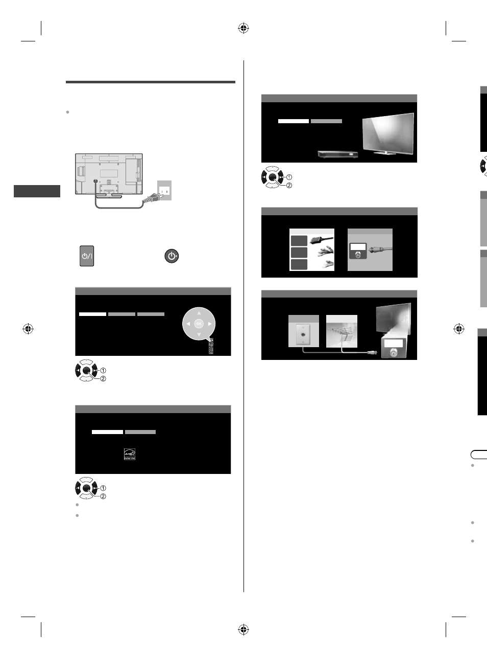 First time setup, Plug the power cord into the socket outlet, Turn the tv on with the power button | Select your language, Select [home use, Select antenna/cable setup method, Se sc | Panasonic TC-32A400U User Manual | Page 12 / 33