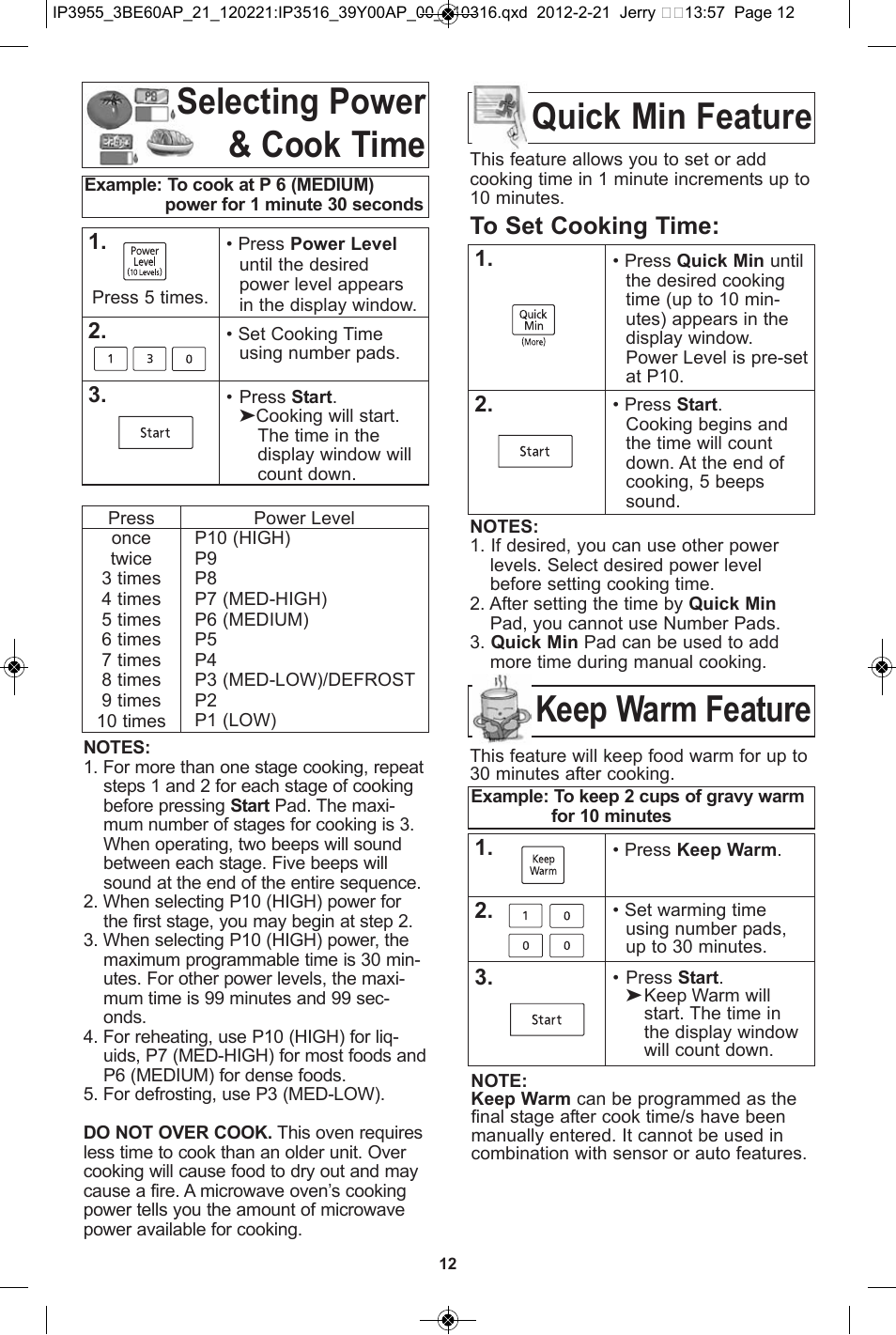 Selecting power & cook time, Quick min feature, Keep warm feature | Panasonic NN-SN752S User Manual | Page 14 / 30