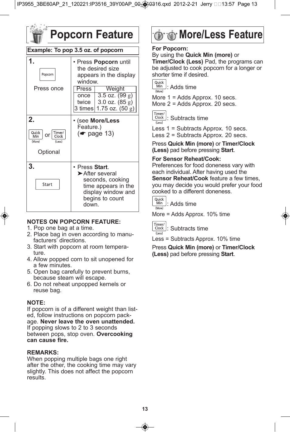 Popcorn feature, More/less feature, More/less feature popcorn feature | Panasonic NN-SN752S User Manual | Page 15 / 30