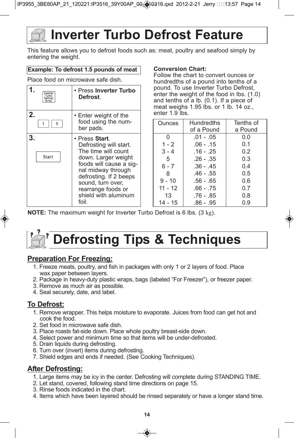 Inverter turbo defrost feature, Defrosting tips & techniques | Panasonic NN-SN752S User Manual | Page 16 / 30