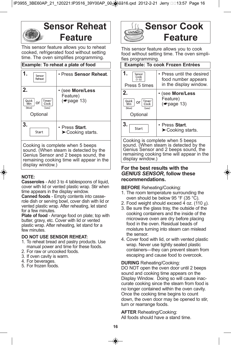 Sensor reheat feature, Sensor cook feature | Panasonic NN-SN752S User Manual | Page 18 / 30