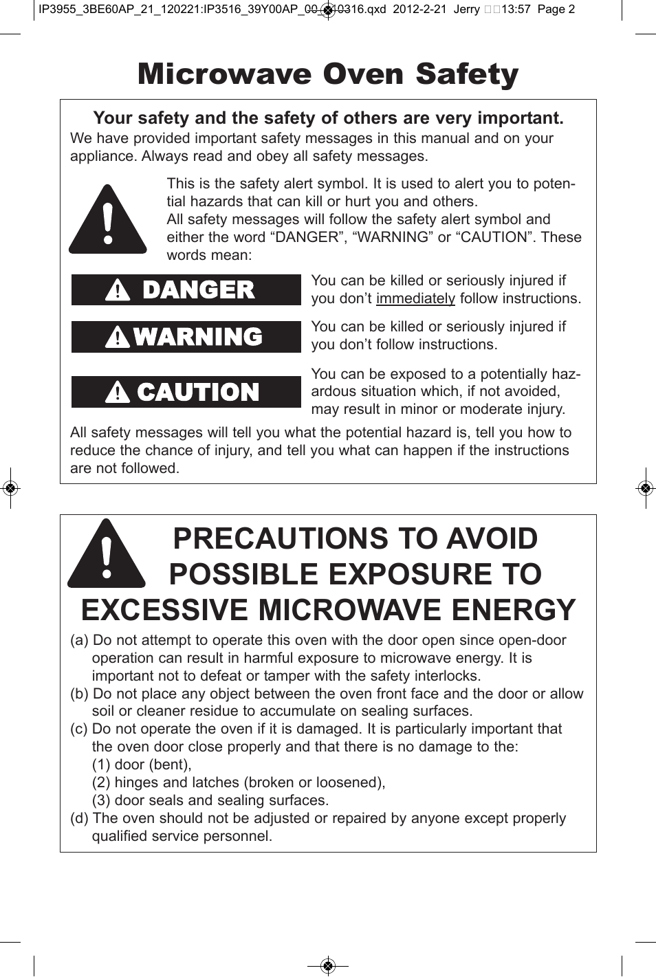 Precautions, Microwave oven safety, Danger warning | Caution | Panasonic NN-SN752S User Manual | Page 2 / 30