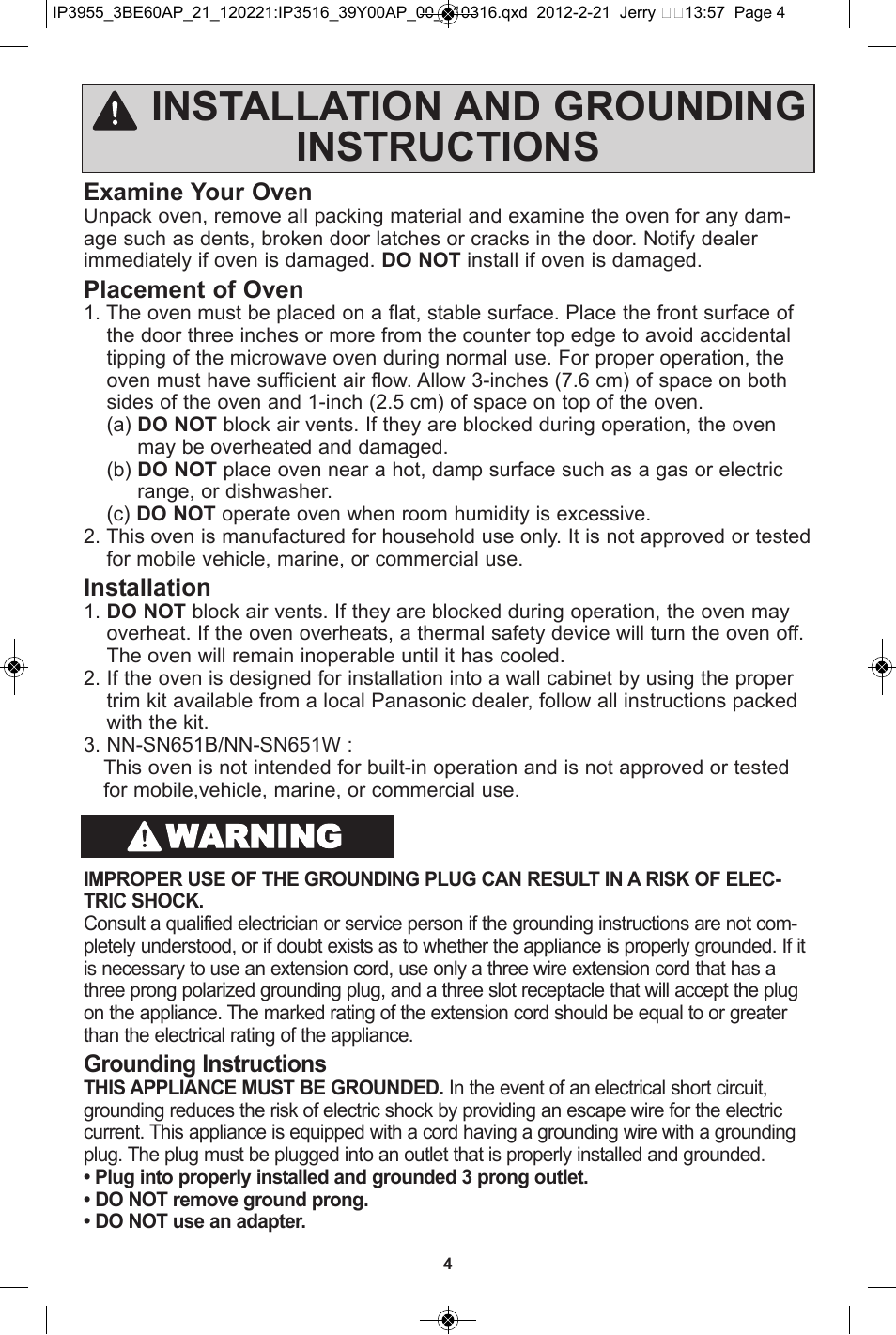 Installation and grounding instructions, Warning | Panasonic NN-SN752S User Manual | Page 6 / 30