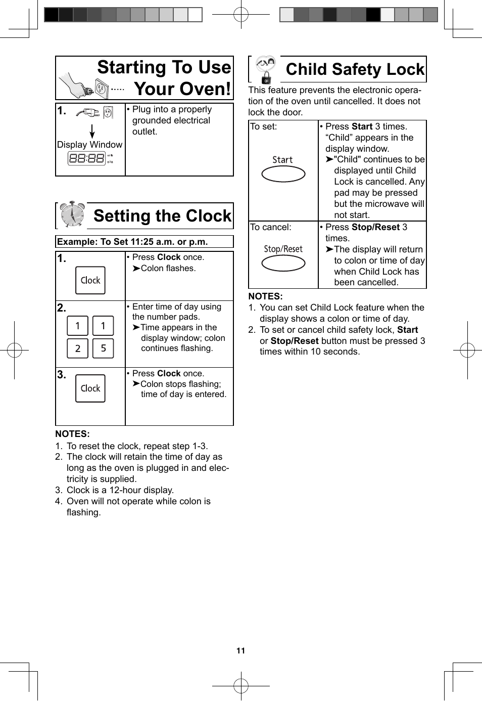 Starting to use your oven, Setting the clock, Child safety lock | Panasonic NN-SN733W User Manual | Page 13 / 32