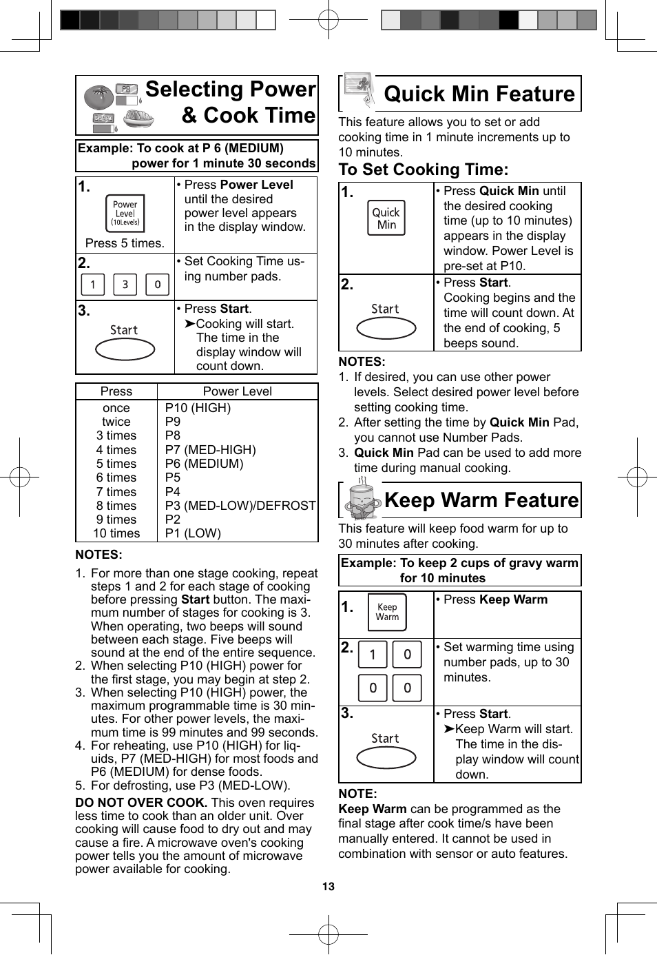 Selecting power & cook time, Qiuck min feature, Keep warm feature | Quick min feature | Panasonic NN-SN733W User Manual | Page 15 / 32