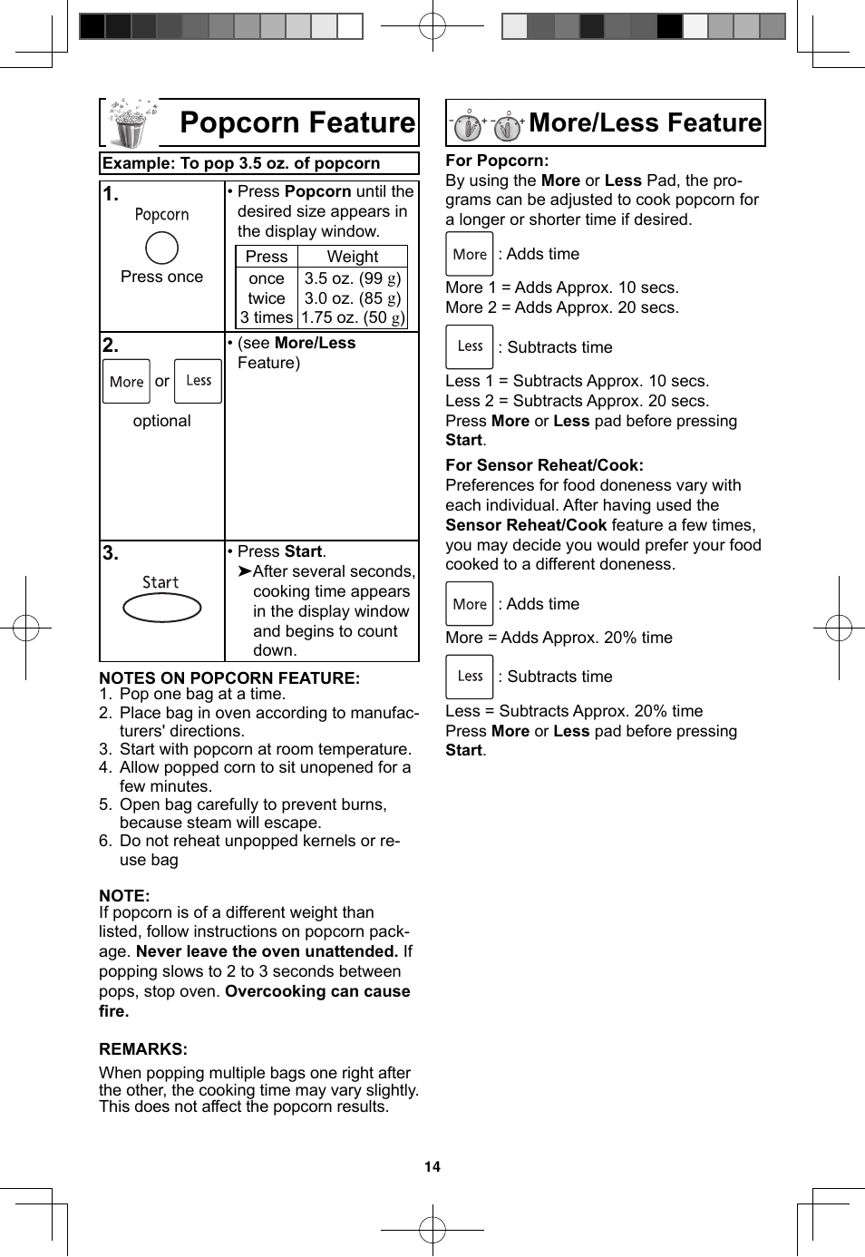 Popcorn feature, More/less feature | Panasonic NN-SN733W User Manual | Page 16 / 32