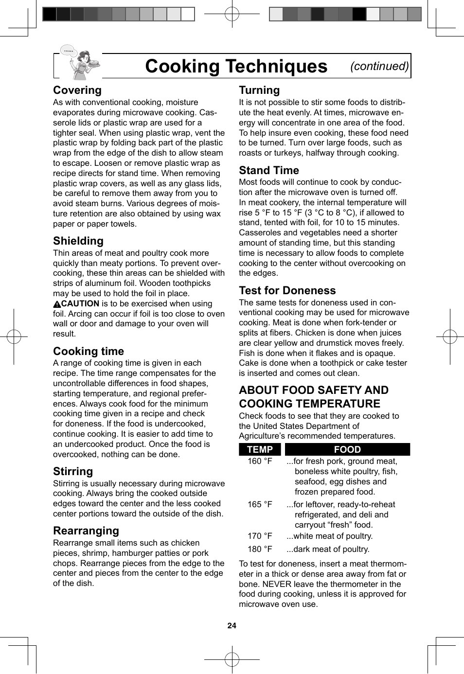 Cooking techniques, Continued), Covering | Shielding, Cooking time, Stirring, Rearranging, Turning, Stand time, Test for doneness | Panasonic NN-SN733W User Manual | Page 26 / 32