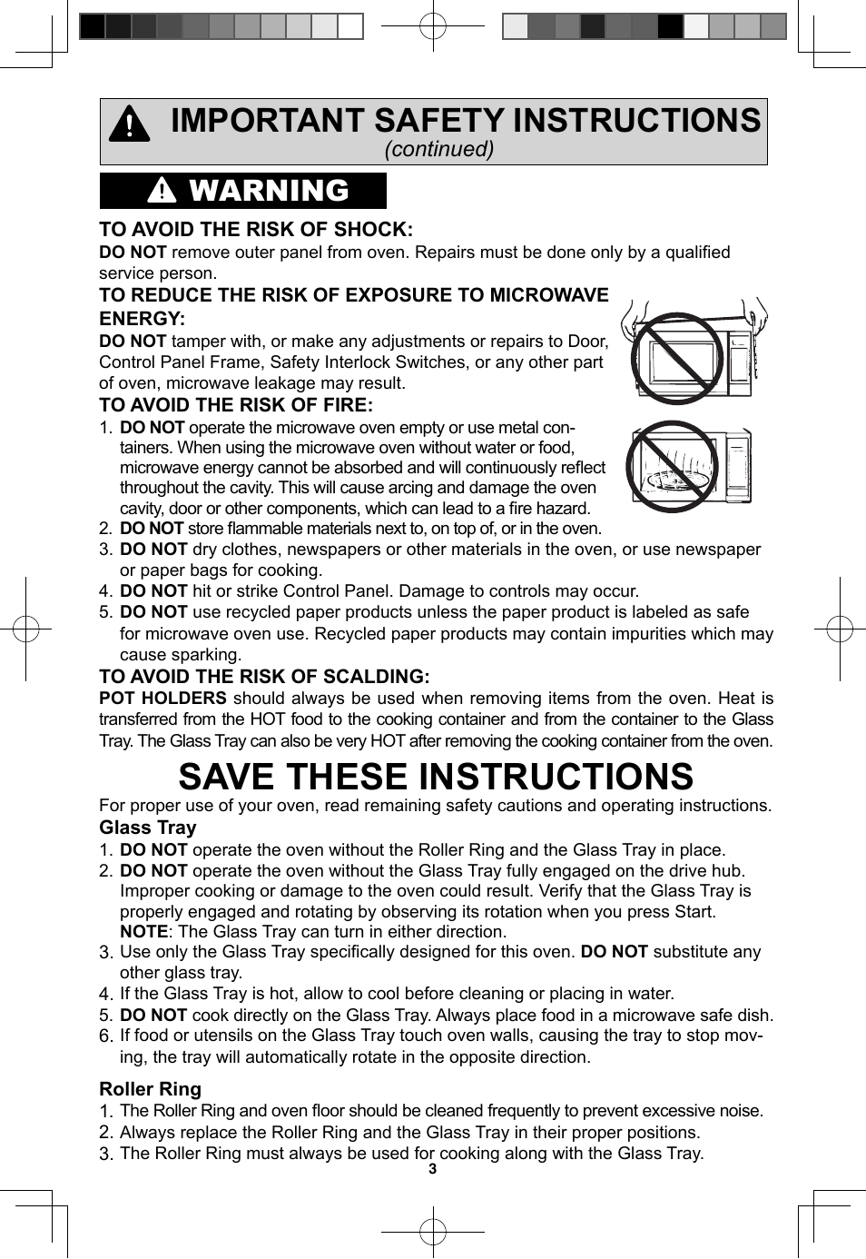 Save these instructions, Important safety instructions, Warning | Continued) | Panasonic NN-SN733W User Manual | Page 5 / 32