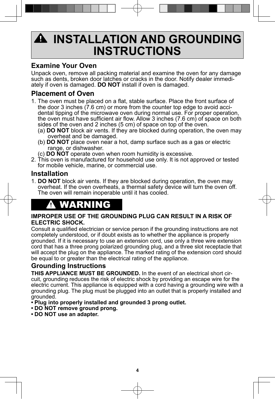 Installation and grounding instructions, Warning, Examine your oven | Placement of oven, Installation | Panasonic NN-SN733W User Manual | Page 6 / 32