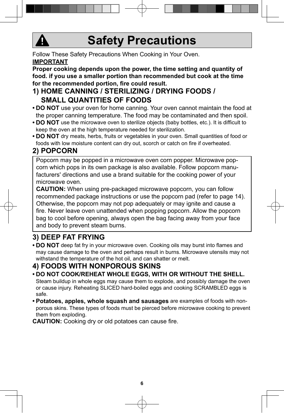 Safety precautions, 2) popcorn, 3) deep fat frying | 4) foods with nonporous skins | Panasonic NN-SN733W User Manual | Page 8 / 32