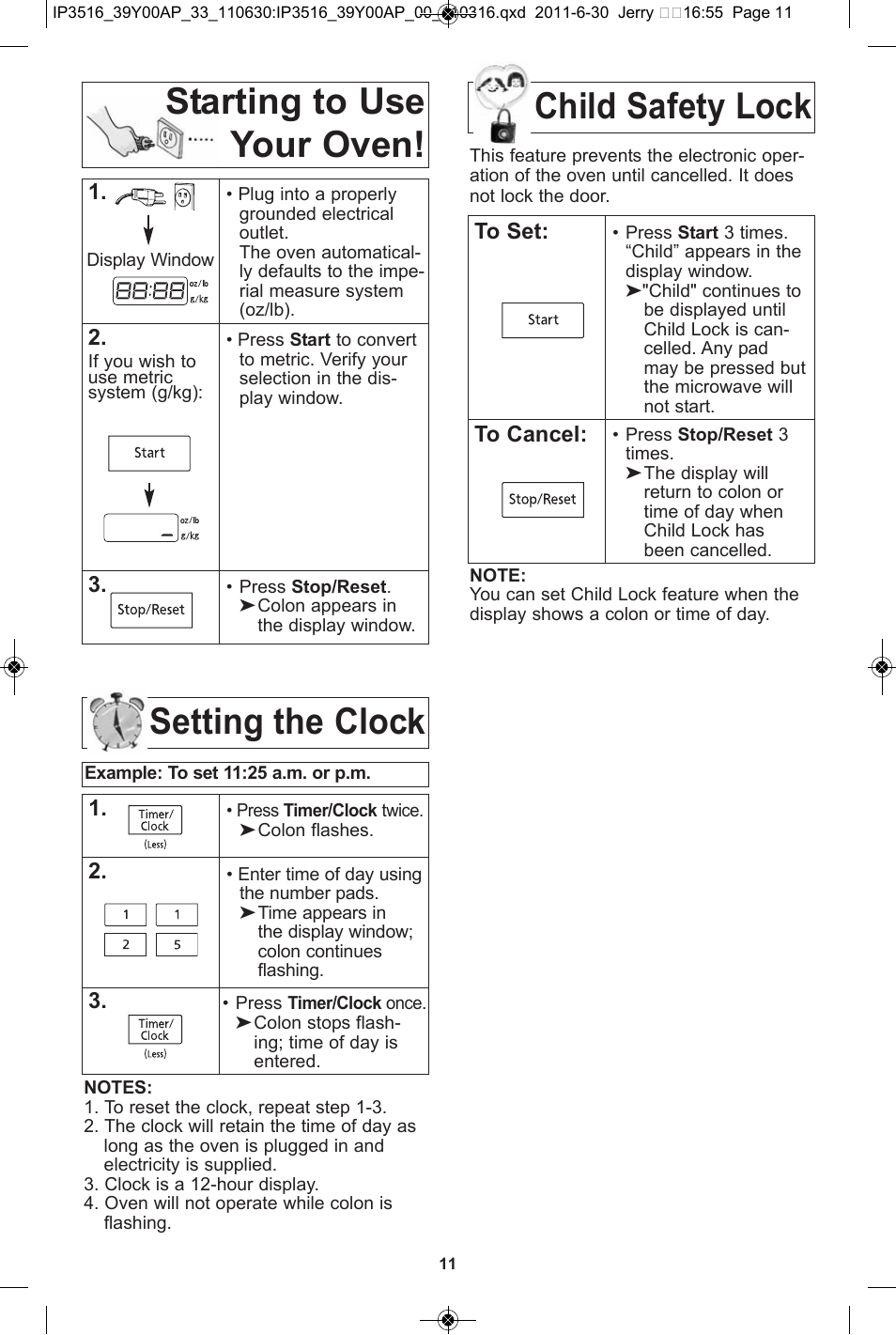 Starting to use your oven, Setting the clock, Child safety lock | Child safety lock setting the clock | Panasonic NN-SN651B User Manual | Page 13 / 30