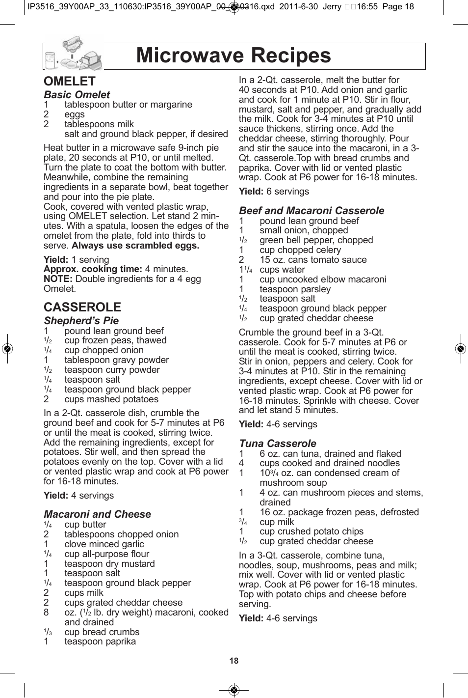 Microwave recipes, Omelet, Casserole | Basic omelet, Shepherd’s pie, Macaroni and cheese, Beef and macaroni casserole, Tuna casserole | Panasonic NN-SN651B User Manual | Page 20 / 30