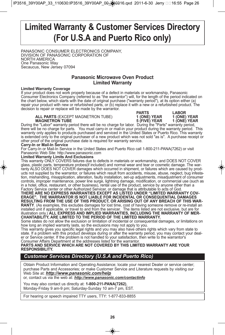 Limited warranty & customer service directory | Panasonic NN-SN651B User Manual | Page 28 / 30