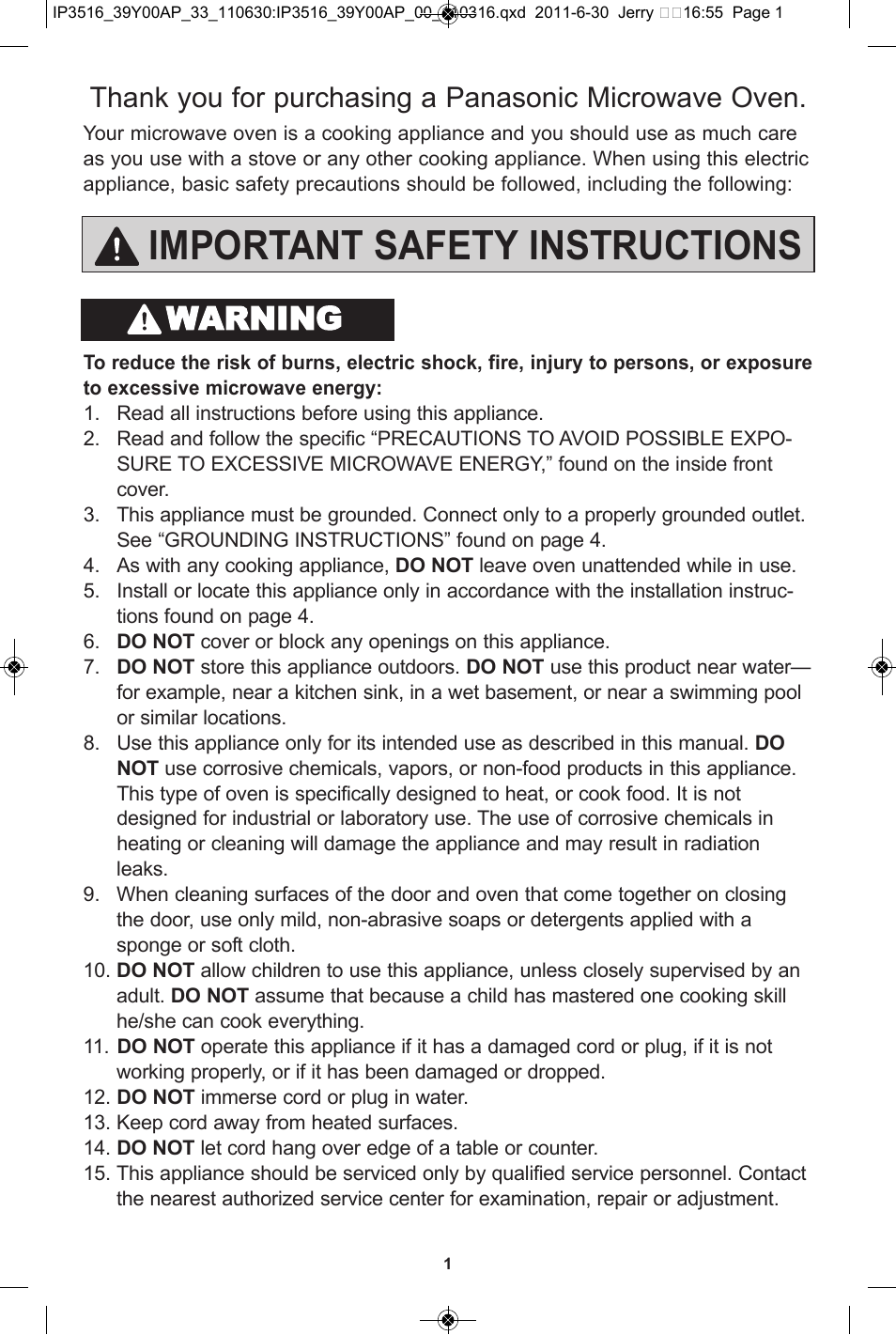 Important safety instructions, Warning | Panasonic NN-SN651B User Manual | Page 3 / 30
