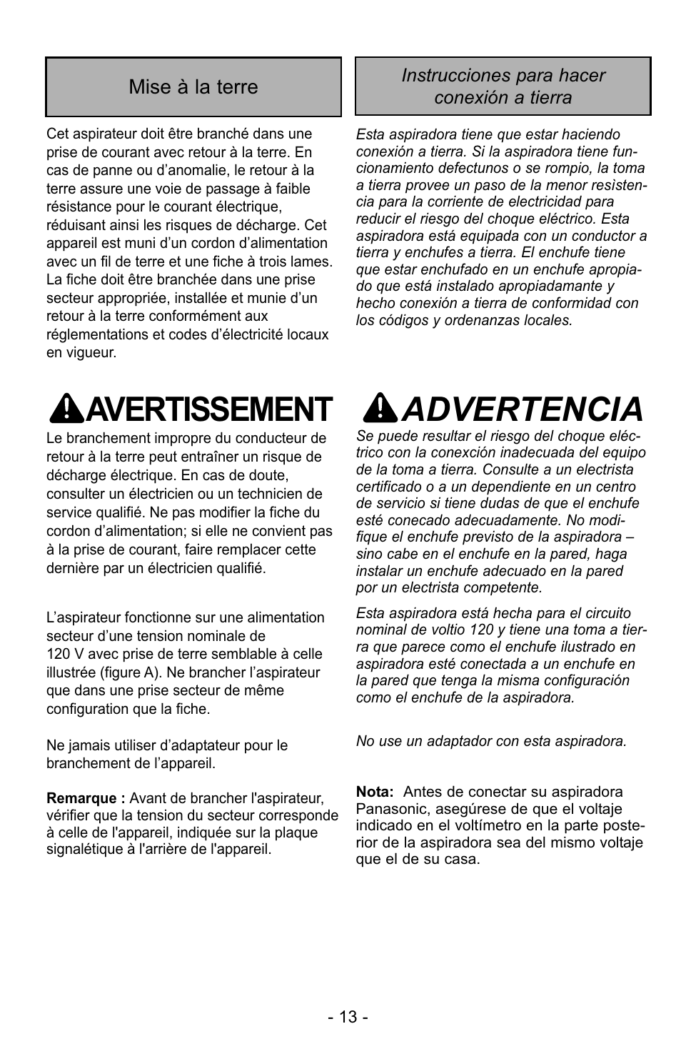 Avertissement, Advertencia | Panasonic MC-GG523 User Manual | Page 13 / 60