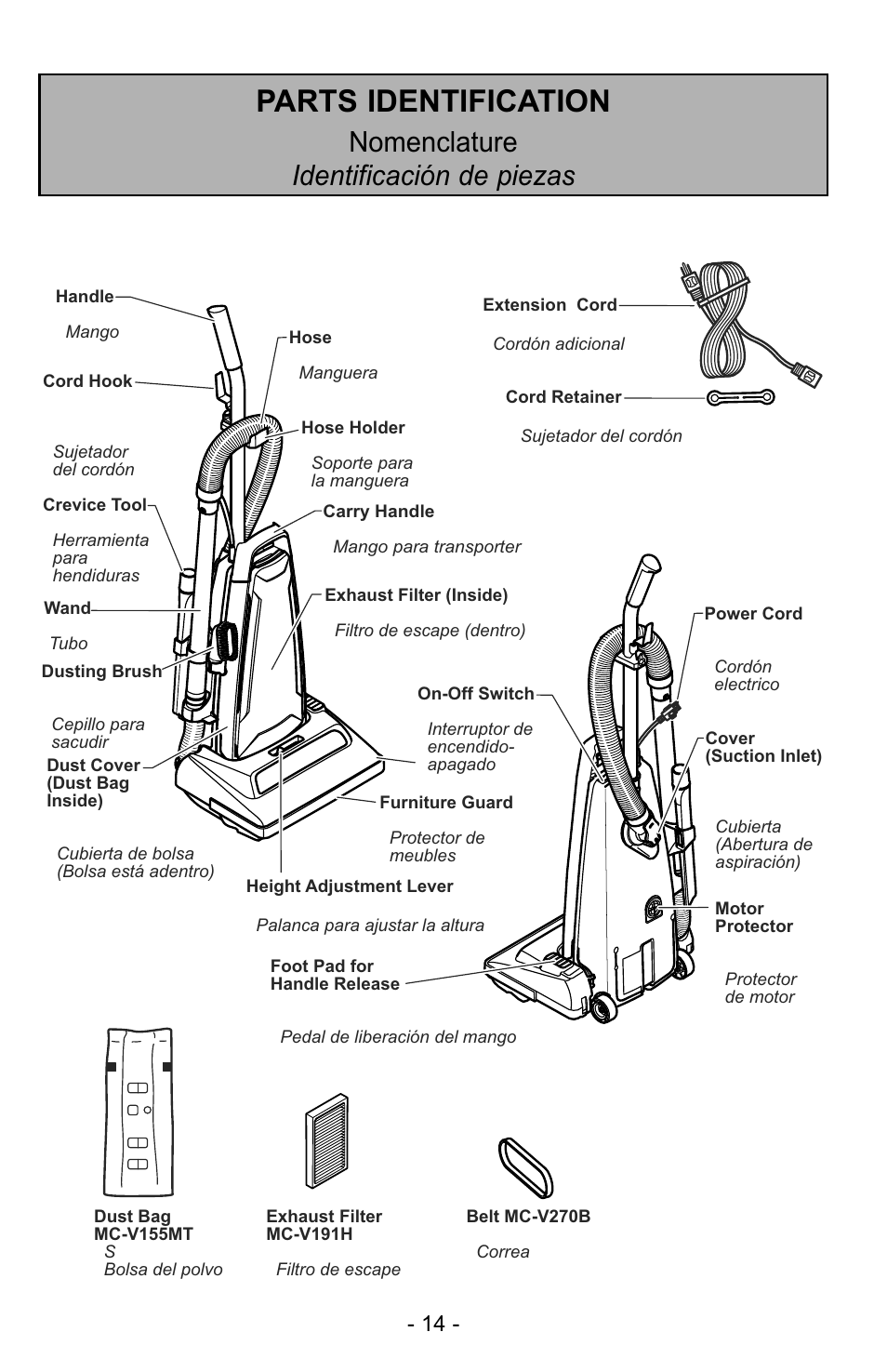Parts identification, Nomenclature identificación de piezas | Panasonic MC-GG523 User Manual | Page 14 / 60