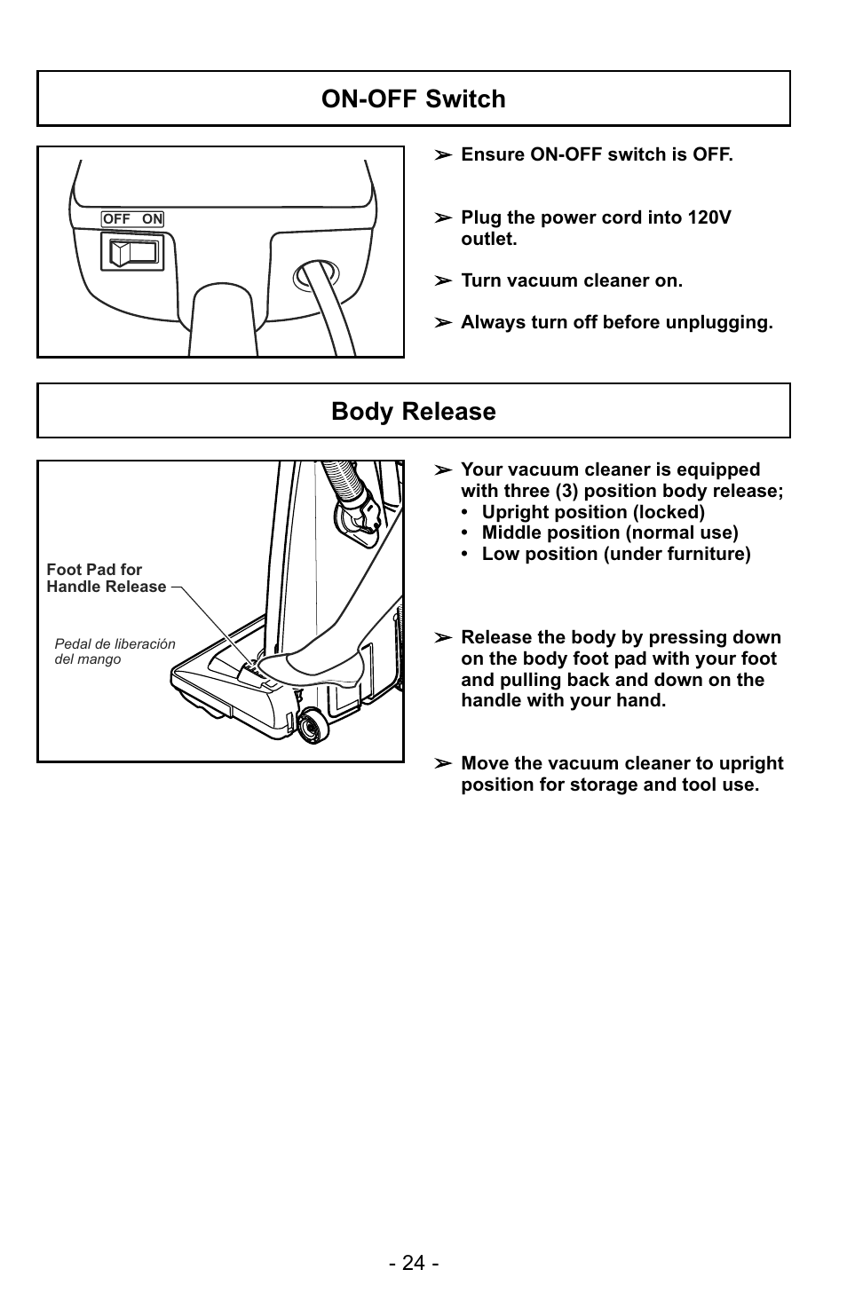 On-off switch, Body release | Panasonic MC-GG523 User Manual | Page 24 / 60