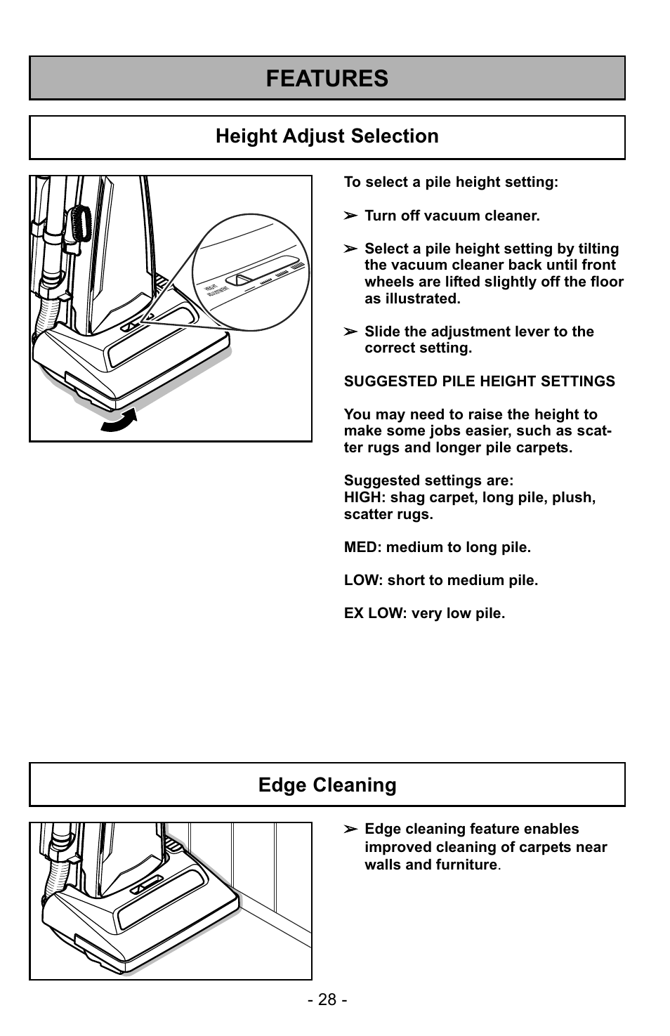 Features, Height adjust selection, Edge cleaning | Panasonic MC-GG523 User Manual | Page 28 / 60