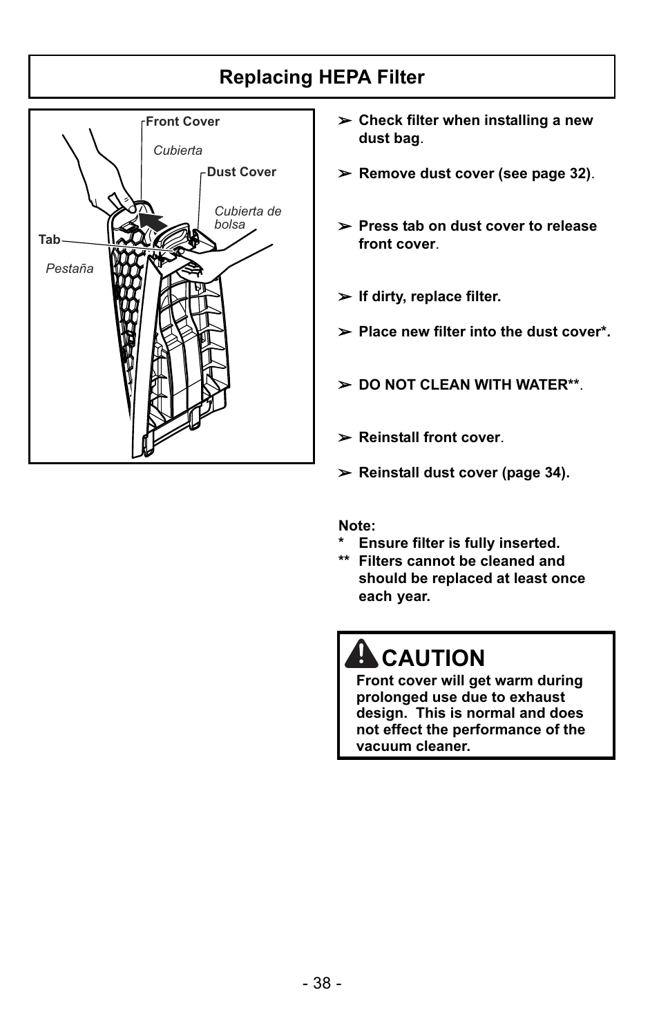 Caution, Replacing hepa filter | Panasonic MC-GG523 User Manual | Page 38 / 60