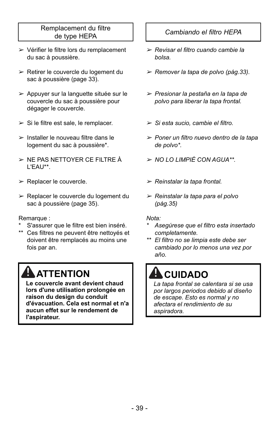 Attention, Cuidado | Panasonic MC-GG523 User Manual | Page 39 / 60