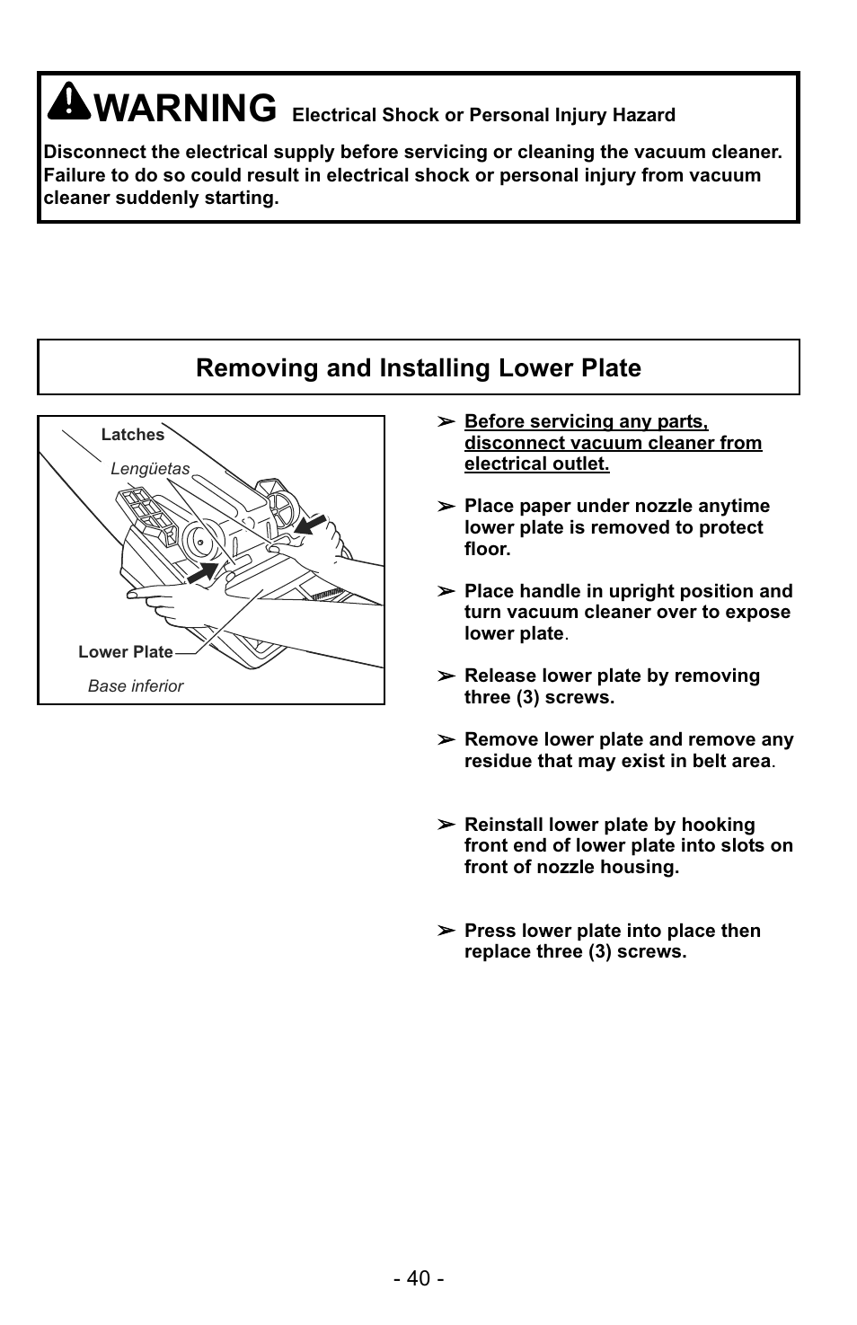 Warning, Removing and installing lower plate | Panasonic MC-GG523 User Manual | Page 40 / 60