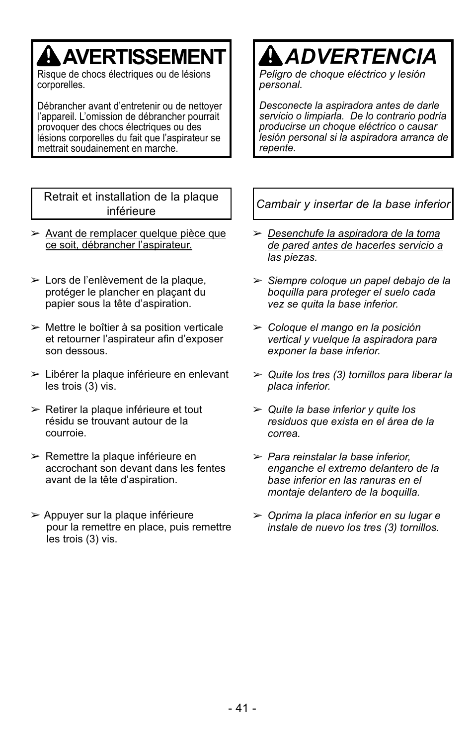 Avertissement, Advertencia | Panasonic MC-GG523 User Manual | Page 41 / 60