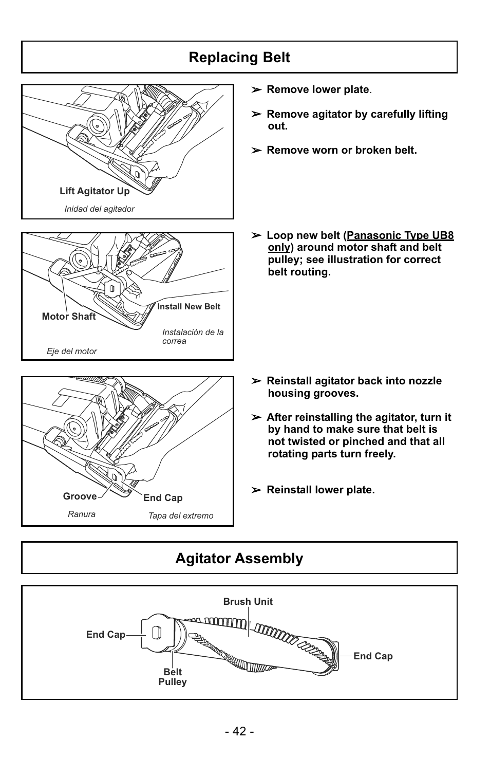 Replacing belt, Agitator assembly | Panasonic MC-GG523 User Manual | Page 42 / 60