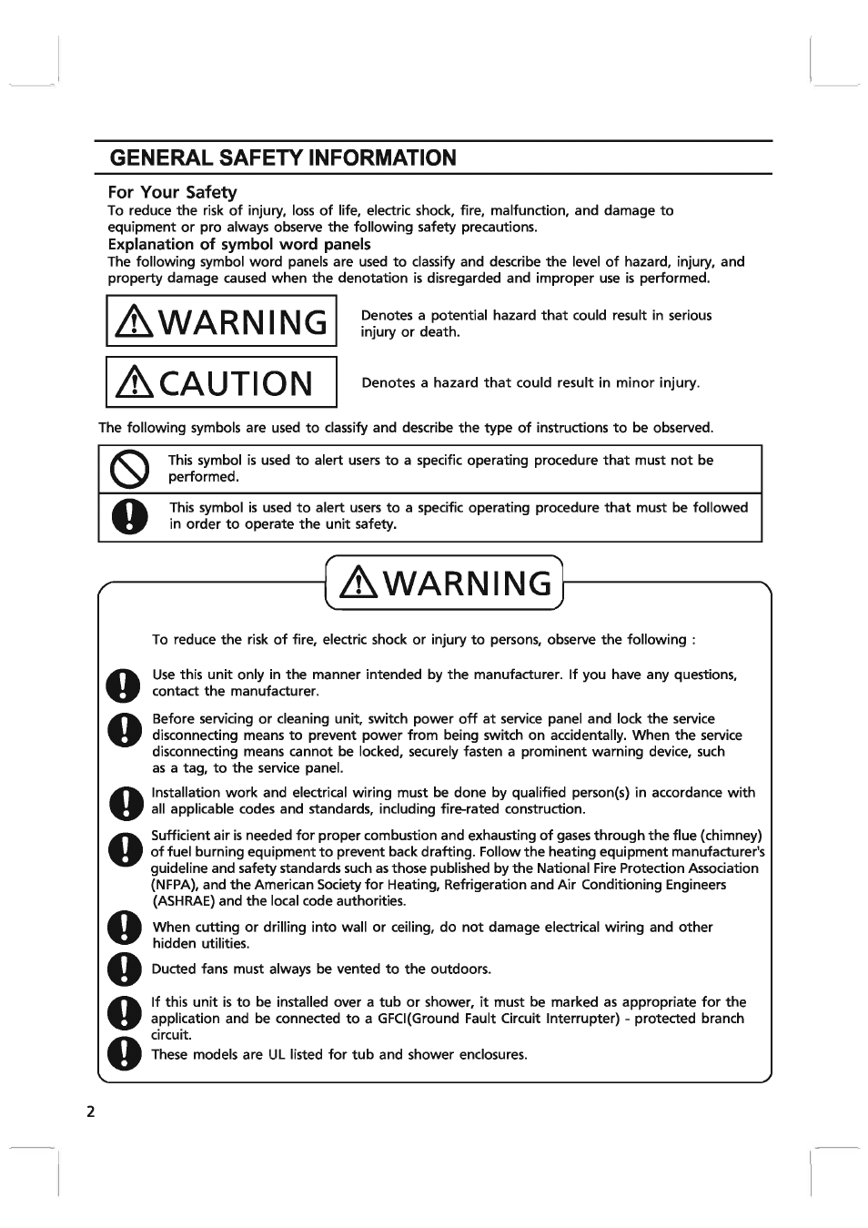 For your safety, Explanation of symbol word panels, Warning | Caution | Panasonic FV-08VKME3 User Manual | Page 2 / 12