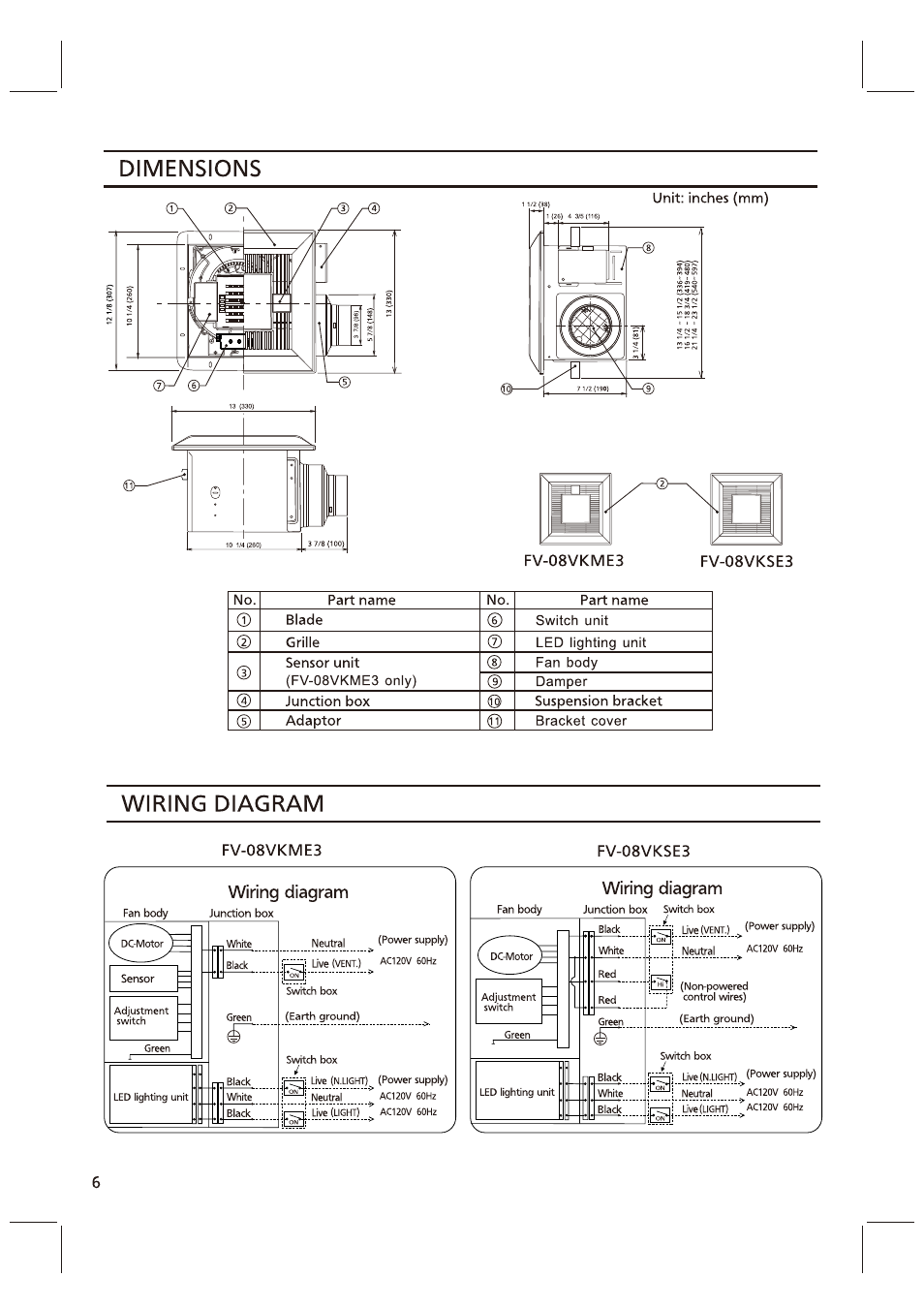 Dimensions, Wiring diagram | Panasonic FV-08VKME3 User Manual | Page 6 / 12
