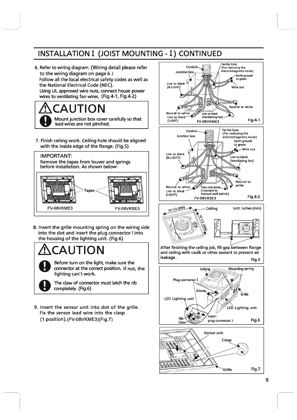 Important, Caution, Installation i (joist mounting -1) continued | Panasonic FV-08VKME3 User Manual | Page 9 / 12
