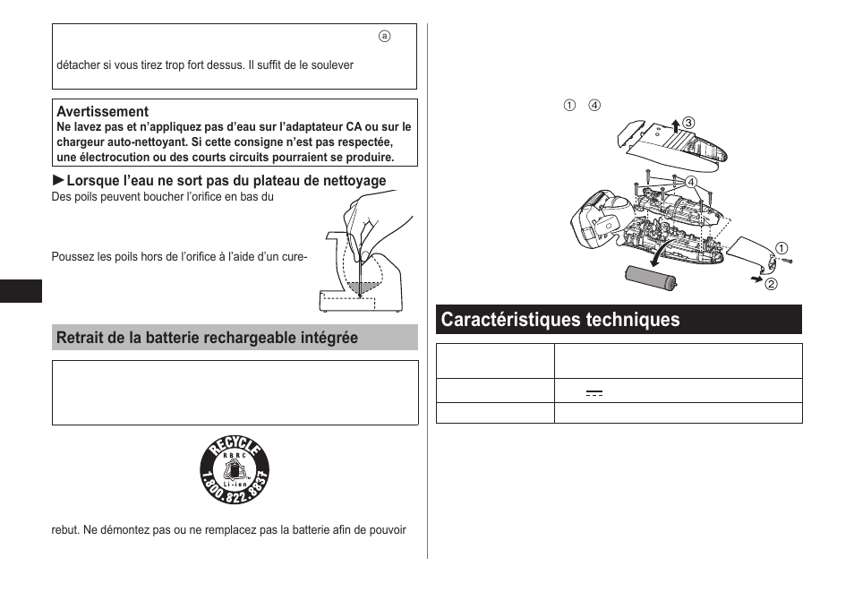 Caractéristiques techniques, Retrait de la batterie rechargeable intégrée | Panasonic ES-LV81-K User Manual | Page 26 / 44