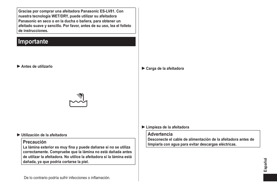 Importante | Panasonic ES-LV81-K User Manual | Page 29 / 44