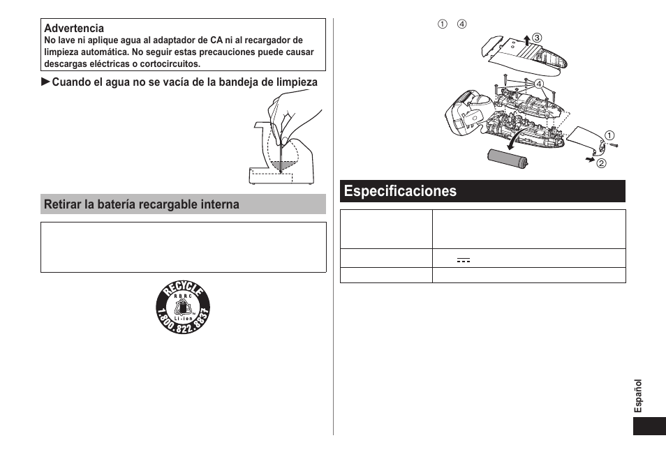 Especificaciones, Retirar la batería recargable interna | Panasonic ES-LV81-K User Manual | Page 39 / 44