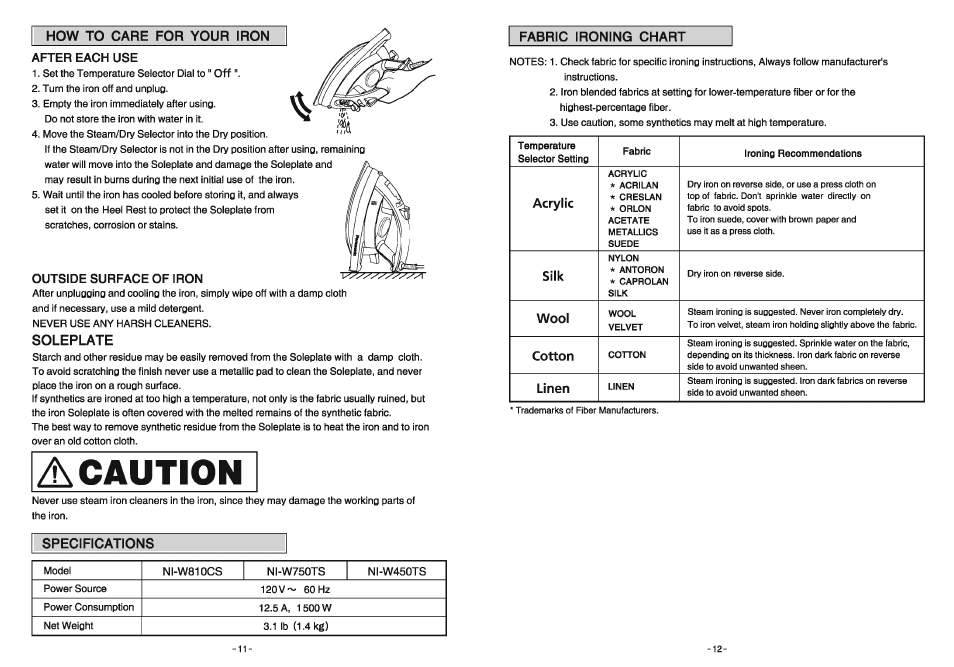 How to care for your iron, After each use, Outside surface of iron | Soleplate, Specifications, Caution | Panasonic NI-W810CS User Manual | Page 11 / 13