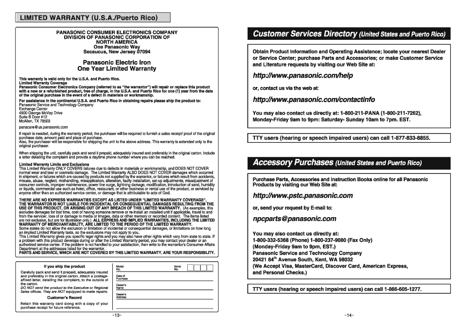 Customer services directory, Accessory purchases | Panasonic NI-W810CS User Manual | Page 13 / 13